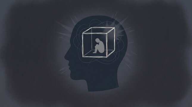 Trapped Mind Silhouette Person Inside Box Conceptual Illustration.