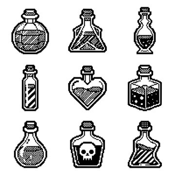 A collection of black and white pixel art potion and alchemy bottle icons on a white background
