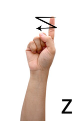 Isolated realistic hand showing Z sign language letter, visual learning resource with gesture guide © hi.yogaaditama
