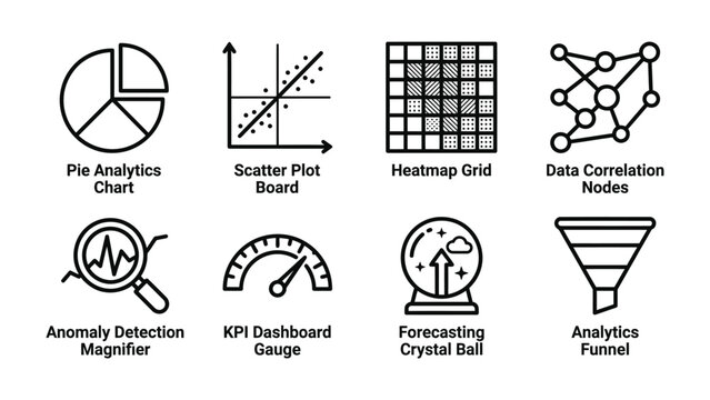 Data Analysis Icons: A collection of clean, modern icons representing various data analysis and business intelligence concepts, including pie charts, scatter plots, heatmaps, and analytics funnels.
