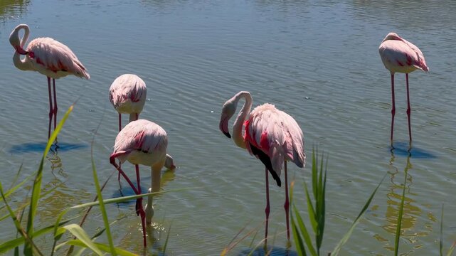 Pink flamingos among the reed marshes of the Camargue, southern France. High quality 4k footage