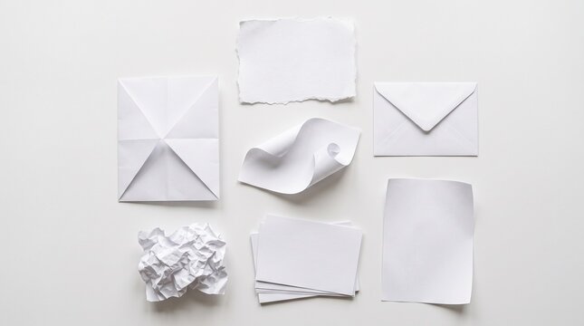 Collection of Blank White Paper Stationery Mockups: Envelopes, Cards, Torn, Folded, and Crumpled Paper on White Background