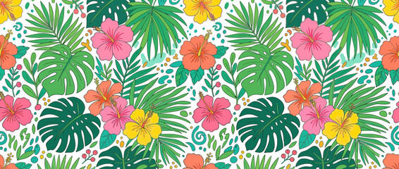 Vibrant Tropical Floral Pattern with Leaves and Hibiscus © maulanisi