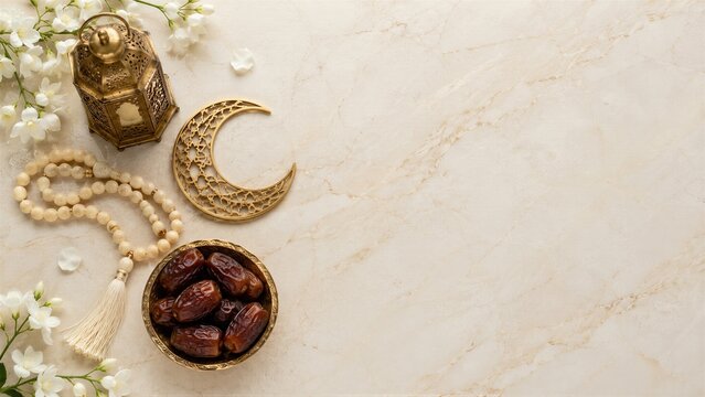 Mawlid celebration background with golden crescent moon lantern prayer beads and dates in bowl with white jasmine flowers on marble. Islamic holiday flat lay with copy space for greeting card