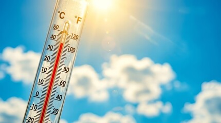Obraz premium Hot weather measurement with a thermometer indicating high heat and summer temperature.