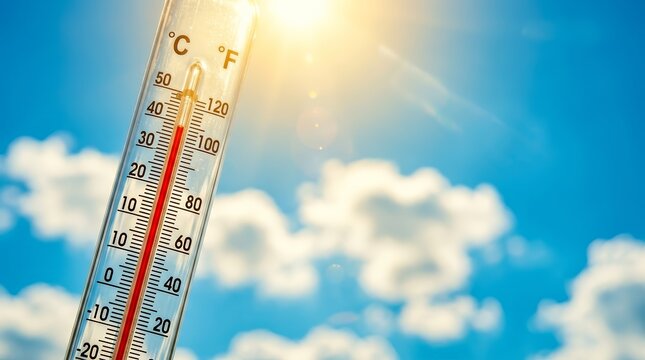Hot weather measurement with a thermometer indicating high heat and summer temperature.