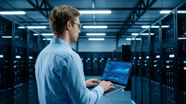 A professional cybersecurity expert analyzing data center server racks using a laptop for cloud computing.