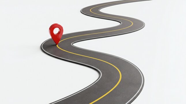 Winding Road with Red Location Pin Symbol on White Background.