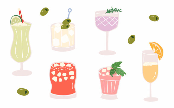 Hand Drawn Cocktail Drink Set Illustration, Flat Colorful Tropical Beverages and Olives Vector, Menu Design and Bar Party Poster Element