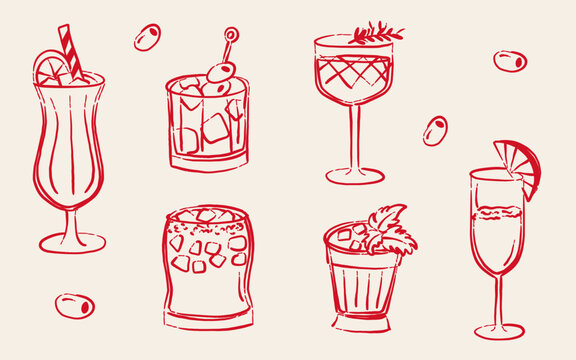 Hand Drawn Cocktail Line Art Illustration Set, Red Sketch Beverage Glasses Vector, Minimalist Bar Menu Design and Drink Poster Element