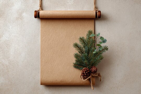 Rustic scroll with festive greenery.