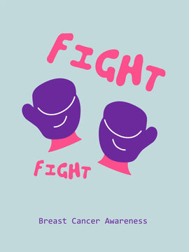 Fight Banner, Breast Cancer Awareness Poster, Hand Drawn Purple Boxing Gloves Illustration, Women Health Motivation Flat Vector Design