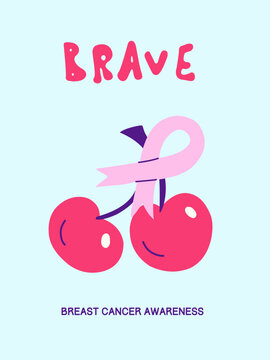 Breast Cancer Awareness Illustration, Hand Drawn Cute Cherry Fruit with Pink Ribbon, Brave Women Health Campaign Design, Creative Flat Poster Infographic Vector