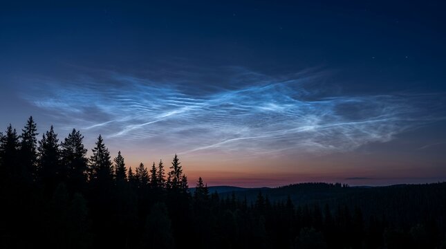 Noctilucent clouds glowing in the twilight sky above a dark forest silhouette.