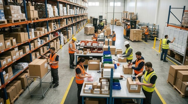 Diverse warehouse team actively working in a busy logistics center, sorting and organizing packages on shelves and workstations.