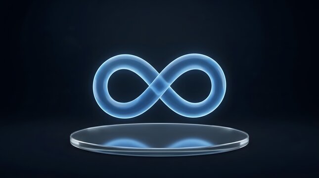 Blue infinity symbol floating above a transparent circular platform with wallpaper backgrond