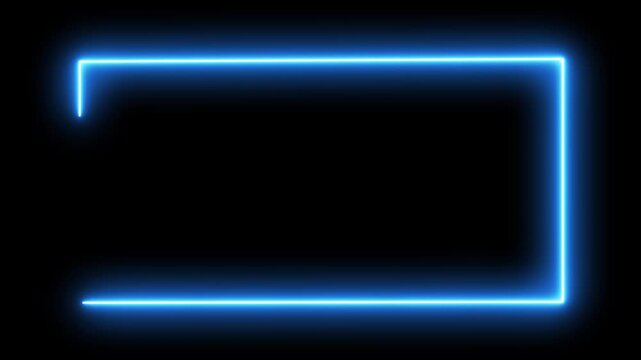 Glowing blue neon color square rectangle picture frame icon animation display neon box footage shape round seamless border retro movement on black background 4k