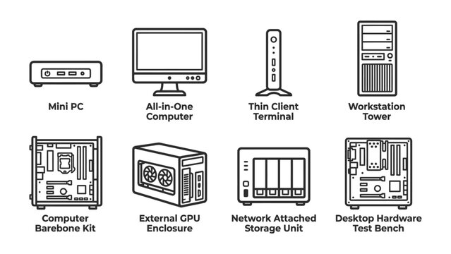 Computer Hardware Lineup: A collection of diverse computer hardware components, including a mini PC, all-in-one computer, thin client terminal, workstation tower, barebone kit, external CPU enclosure.