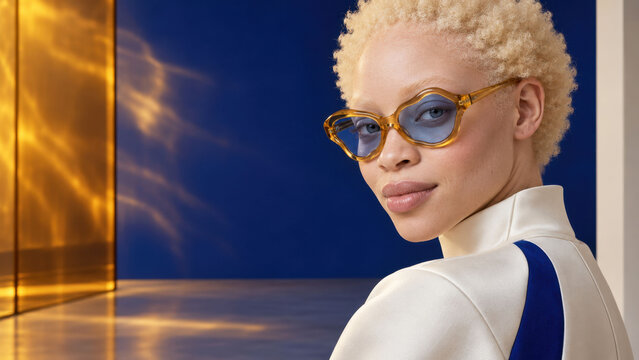 Woman with Albinism Wearing Artistic Amber and Blue Glasses