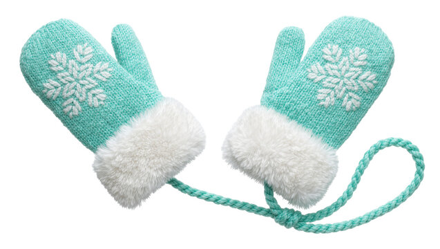 Teal knitted mittens with white snowflake pattern and fur trim, isolated on transparent background