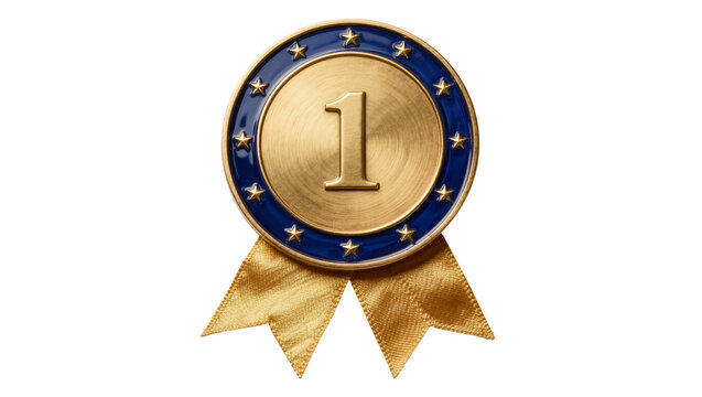 Golden medal with number 1 and blue star border, isolated on transparent background