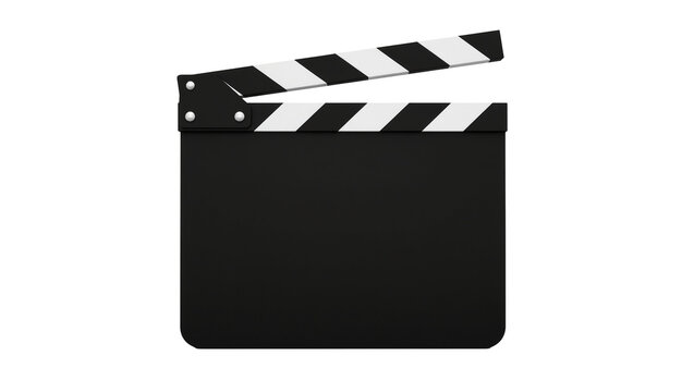 Black movie clapperboard with white and black stripes, isolated on transparent background