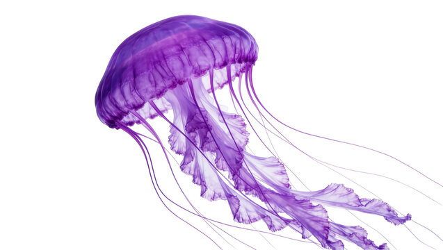 Vibrant purple jellyfish with flowing tentacles, isolated on transparent background