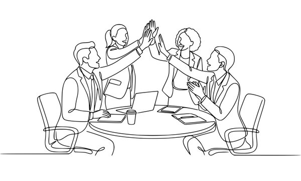 One Line Business Team High Five Celebration with Raised Hands, Minimal Corporate Meeting Scene, Modern Monoline Vector Illustration
