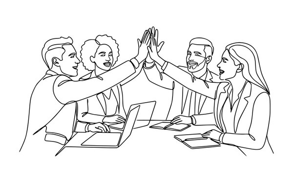 Minimalist One Line Drawing of Diverse Business Team High Fiving Together in Celebration During a Successful Corporate Meeting