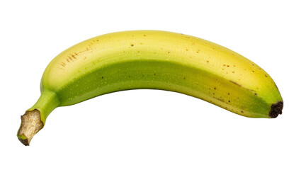 Unripe yellow and green banana with brown spots, isolated on transparent background © Niamh