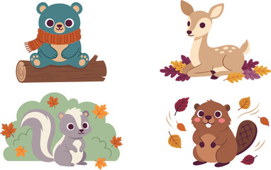 Fototapeta premium Cute Woodland Animal Illustration Collection Featuring Bear, Deer, Squirrel, and Beaver with Autumn Leaves, Cozy Scarf, Logs, and Nature Elements