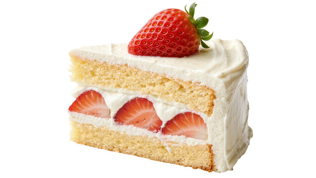 Fluffy sponge cake slice with fresh strawberries and cream, isolated on transparent background