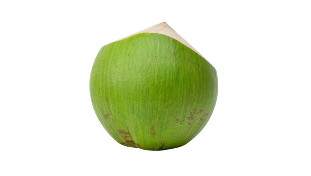Whole green young coconut with cut top, isolated on transparent background