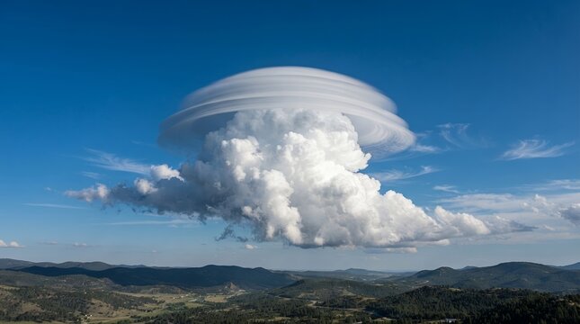 Unusual Lenticular Cloud Formation Over Rolling Hills Under a Clear Blue Sky.