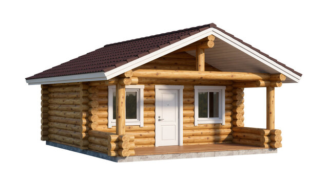 Small wooden log cabin with brown tiled roof and white door, isolated on transparent background