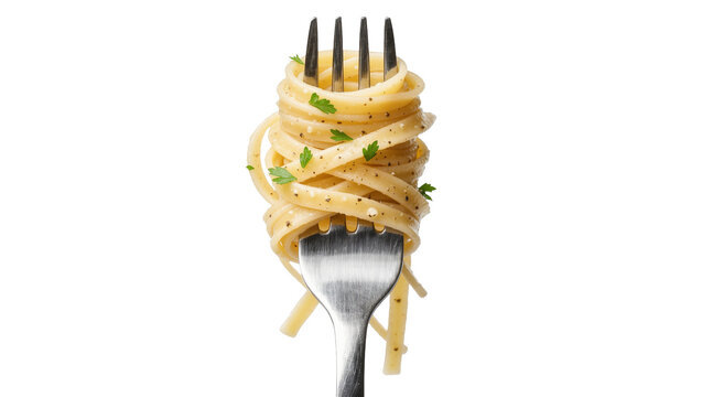 Spaghetti twirled on a metal fork with parsley, isolated on transparent background