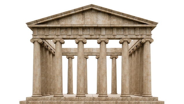 Ancient Greek temple facade with Ionic columns and pediment, isolated on transparent background