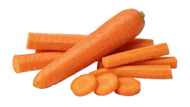 Freshly cut orange carrots sliced and whole, isolated on transparent background