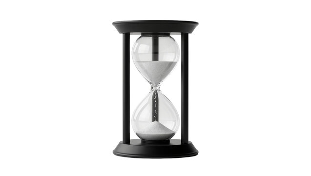 Black hourglass with white sand flowing, isolated on transparent background