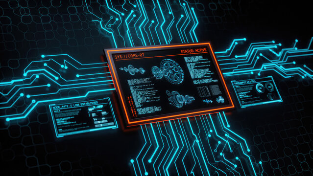 Digital interface displaying mechanical engineering schematics on a glowing circuit board with technical mechanical diagrams patterns connect central cyber