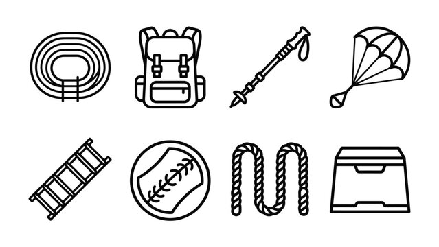 Outdoor Activity Icons: A collection of stylized line-art icons representing various outdoor adventure and sports equipment, including a running track, backpack, trekking pole, parachute, ladder.