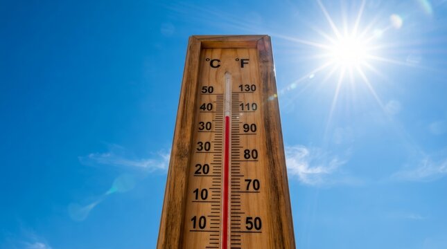A thermometer measuring extreme heat and high temperature against a sunny blue sky.