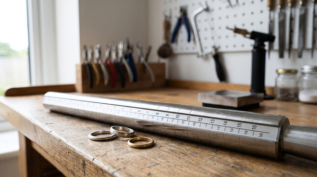 Professional metal ring sizing mandrel with graduated measurements on wooden jeweler workbench