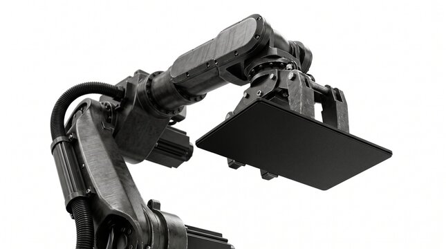 Industrial robotic arm with gripper performing precision handling in controlled workspace