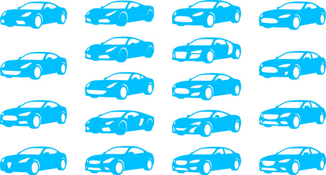 Set of modern blue car silhouettes featuring various sports and sedan models for automotive industry or transportation concepts.