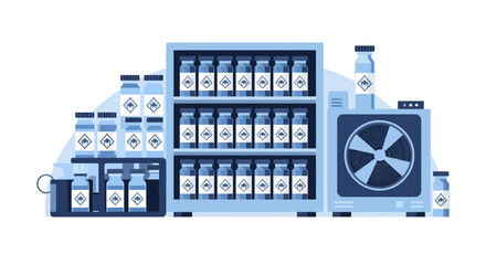 Obraz premium Medical Laboratory Vaccine Storage and Biotech Research Concept with Blue Vials and Cooling Equipment