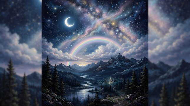 Vertical fantasy night landscape of snowy mountains, calm lake, crescent moon, rainbow arc, glowing clouds, and a dazzling galaxy sky framed by misty side panels in magical celestial artwork glow