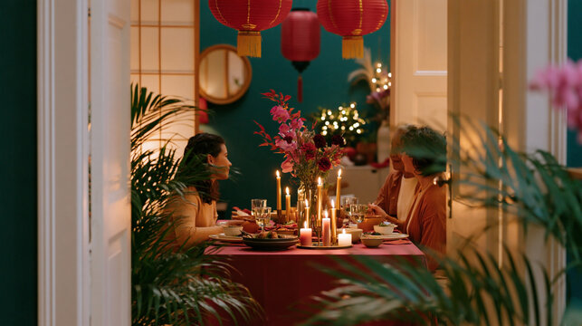 Two women dining at a beautifully arranged table with candles and flowers, surrounded by decorative lanterns and greenery in a cozy indoor setting