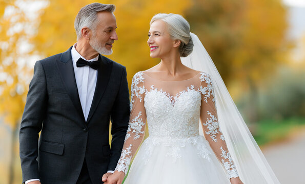 Mature couple in formal wedding attire walking hand in hand along a tree-lined path with autumn foliage, showcasing elegance and love in a romantic outdoor setting