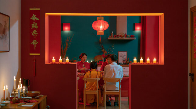 Family gathering during Lunar New Year celebration with red decorations, candles, and traditional attire in a warmly lit dining area